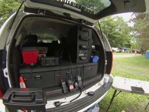 The radios used for Amateur operations are in the stack to the right.  The handheld radios were loaned to us by Hope Fire Police, Black Moshannon State Park Rangers, and the race judges.